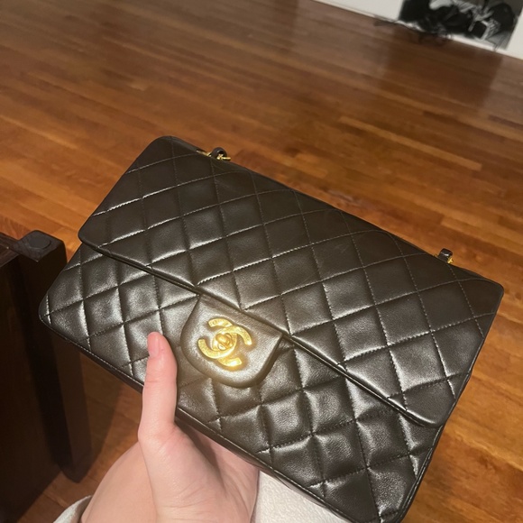 CHANEL Double Flap Medium Shoulder Bag Leather Black Gold Hardware - Picture 9 of 12